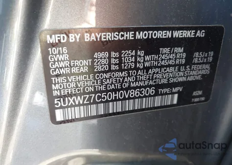 2017 BMW X3 Sdrive28I из США, поврежденный, VIN 5UXWZ7C50H0V86306